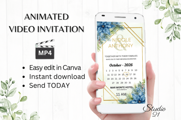 Christmas Wedding Invitation W8214B: Festive Animated Elegance